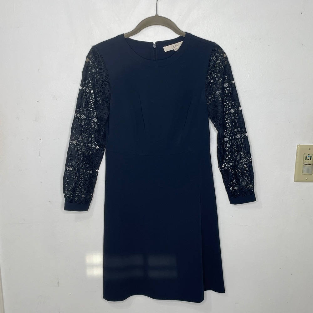 LOFT Petites Navy Blue Lace Long Sleeve Shift Dress Size 00P Cocktail Party